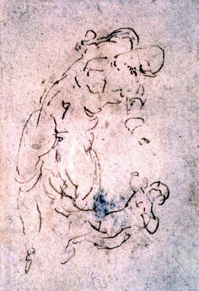 Inv. 1859 6-25-553. R. (W.56) Skitse af tilbagelænet mand og barn (rødt kridt) af Michelangelo Buonarroti