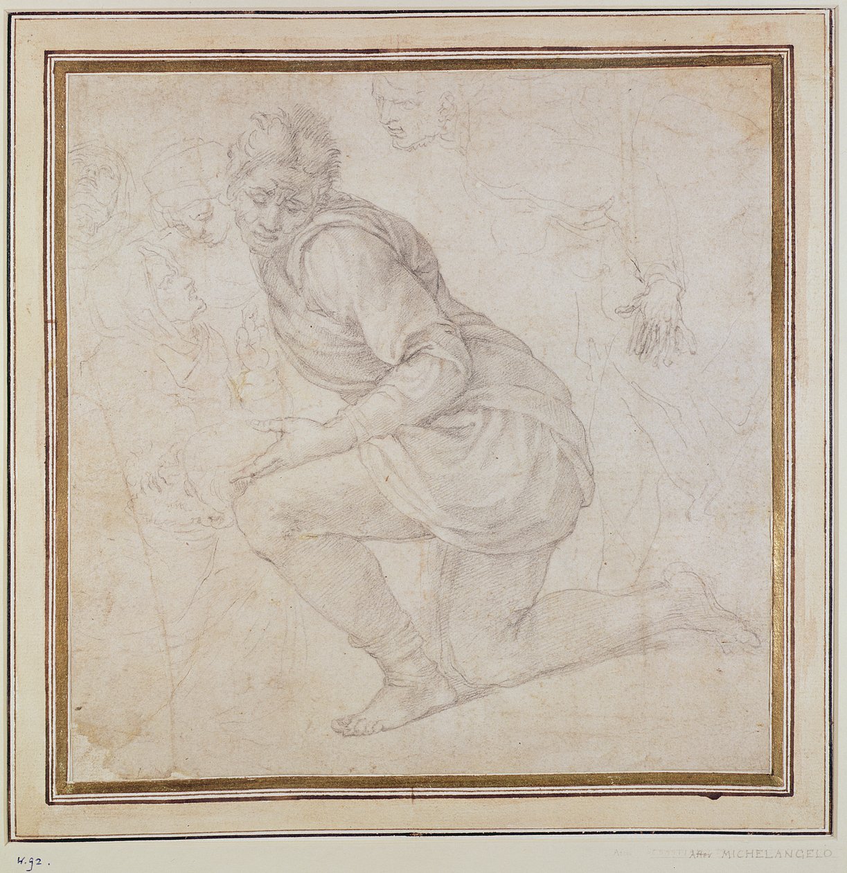 Inv. 5211-75 Fawkener Recto (W.92) Knælende mand (tegning) af Michelangelo Buonarroti