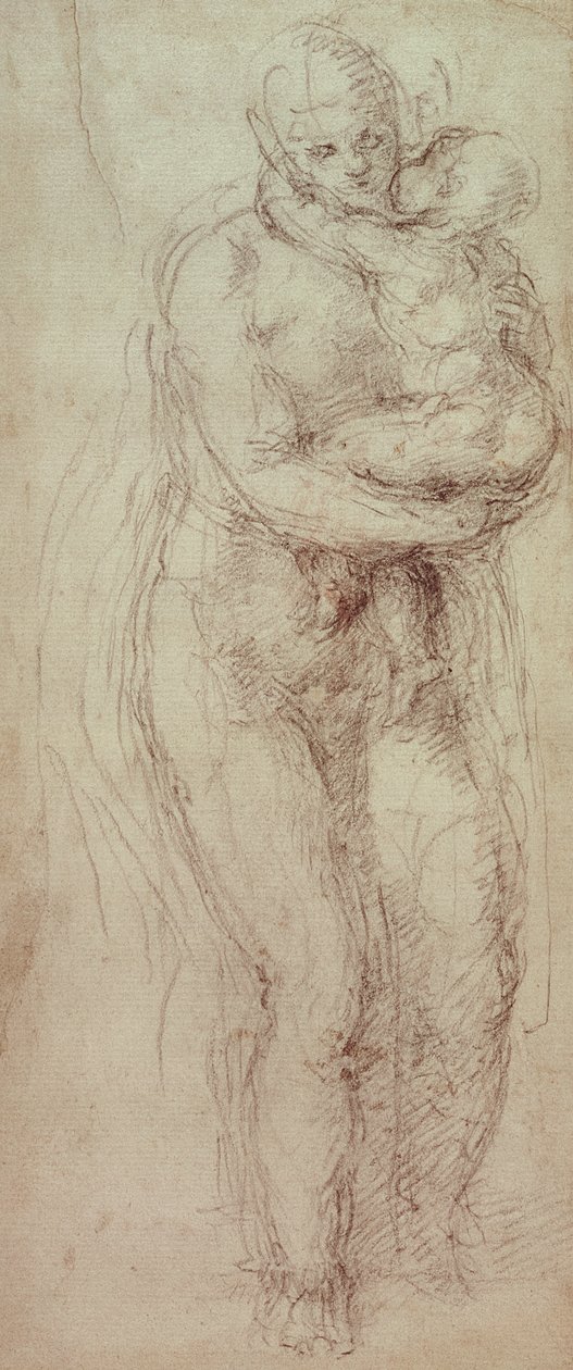 Madonna og barn (sort kridt på papir) af Michelangelo Buonarroti