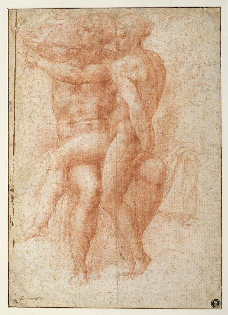 Nøgen kvinde siddende på knæene af en siddende nøgen mand: Adam og Eva (sangvinsk på papir) af Michelangelo Buonarroti