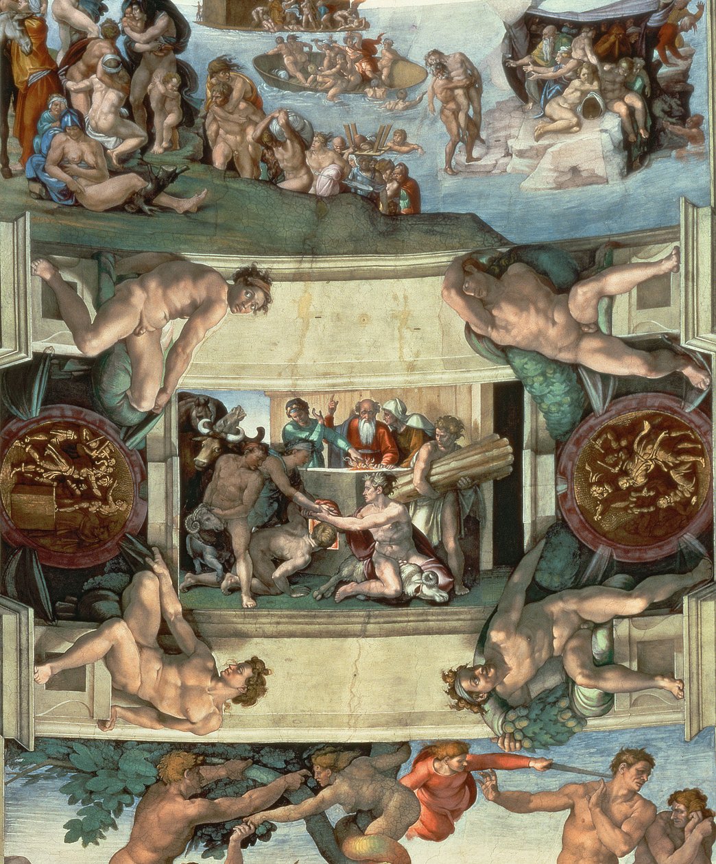 Det sixtinske kapel loft (1508-12): The Sacrifice of Noah, 1508-10 (efter restaurering) af Michelangelo Buonarroti