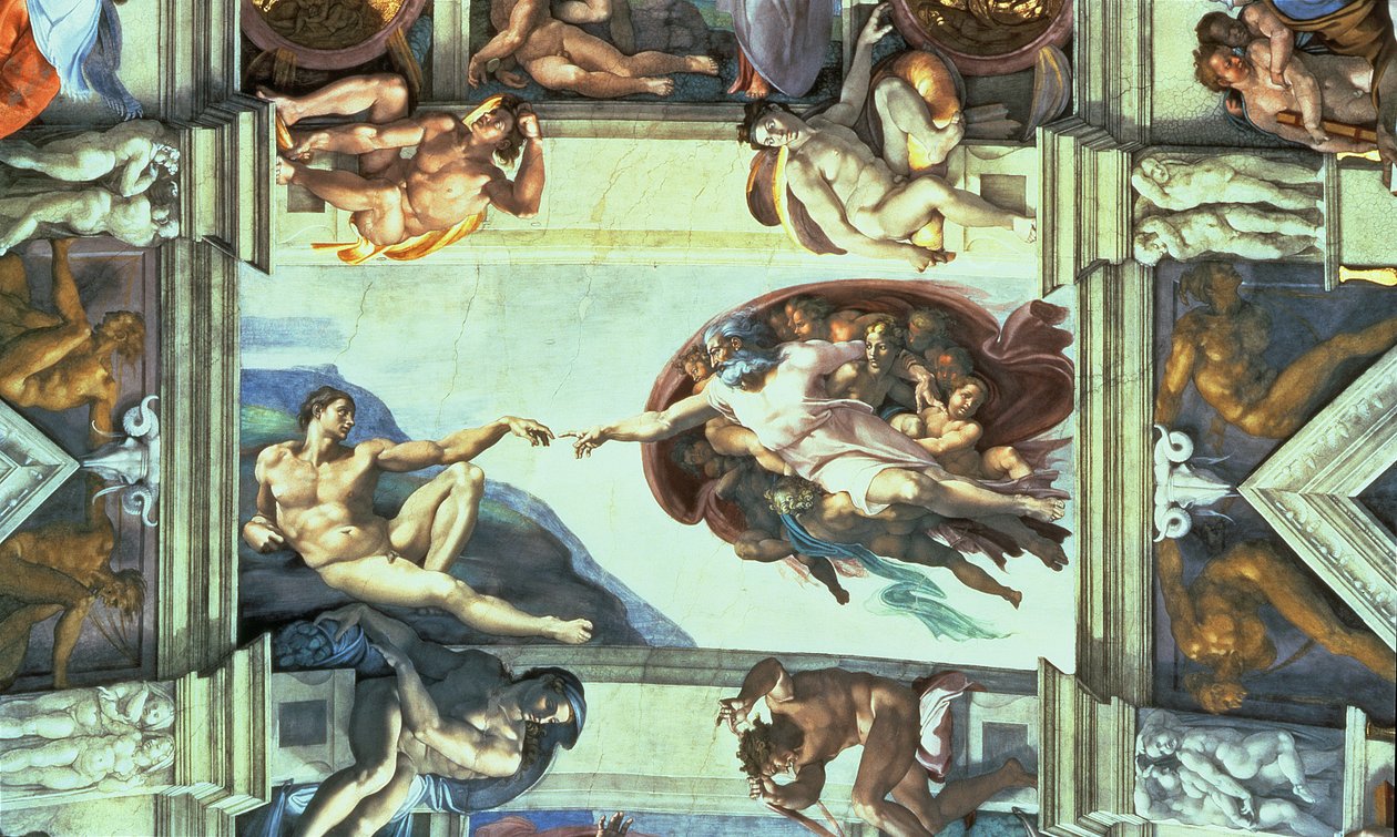 Det sixtinske kapel loft: Adams skabelse, 1510 (efter restaurering) af Michelangelo Buonarroti