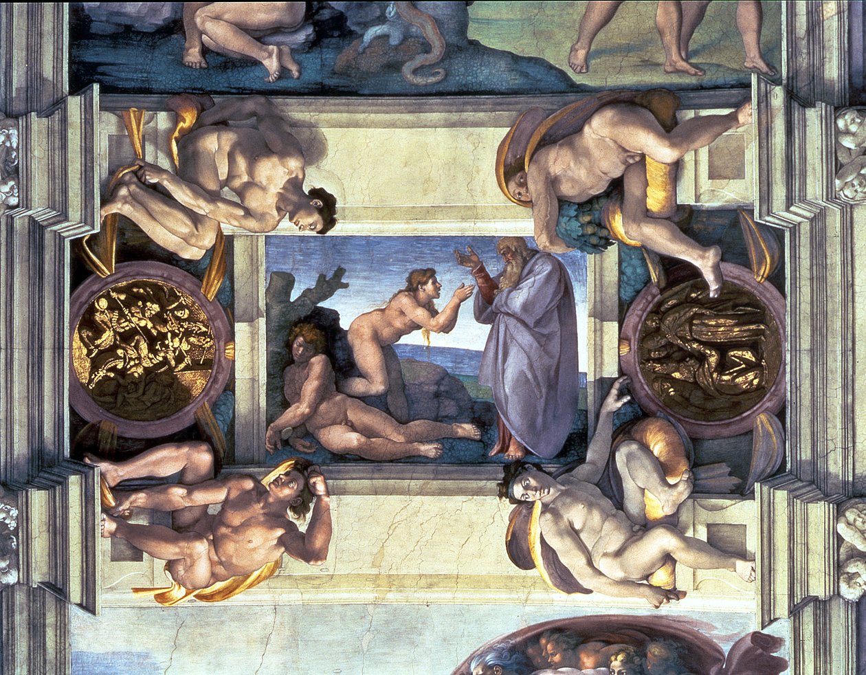 Det sixtinske kapel loft: Skabelsen af Eva, med fire Ignudi, 1510 (efter restaurering) af Michelangelo Buonarroti