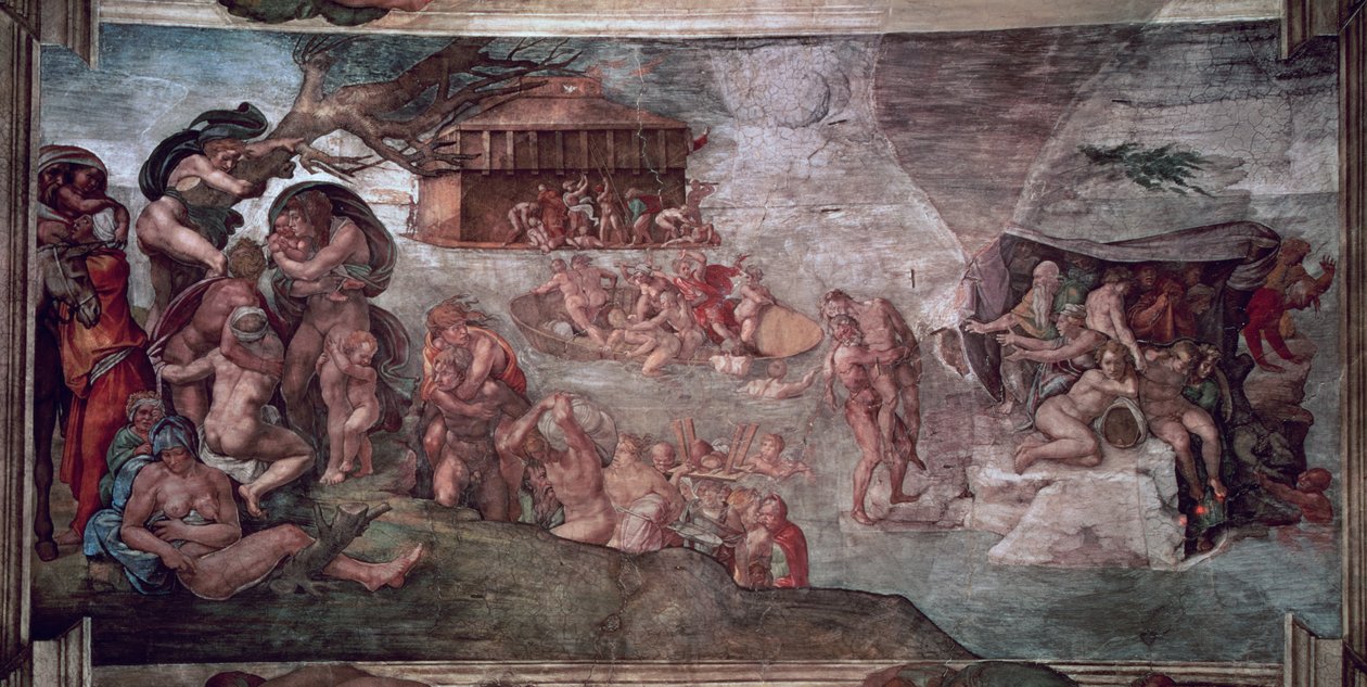 Det Sixtinske Kapel Ceiling: The Flood, 1508-12 (før restaurering) af Michelangelo Buonarroti