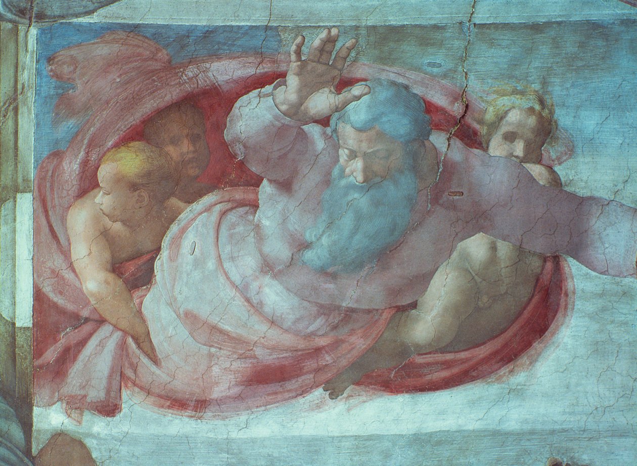 Det Sixtinske Kapel: God Dividing the Waters and Earth (før restaurering) (detaljer) af Michelangelo Buonarroti