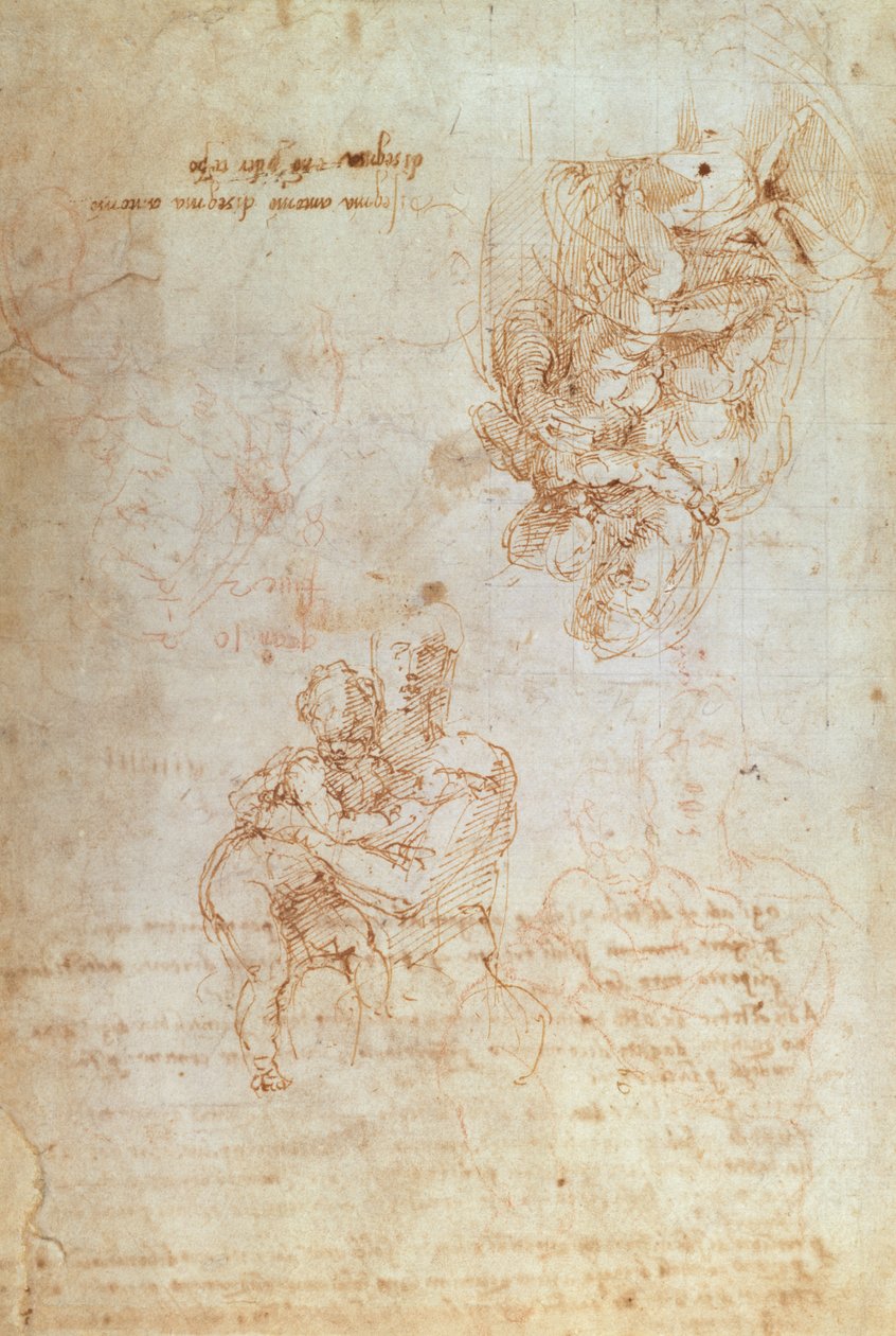 Studier af Madonna og barn (blæk på papir) af Michelangelo Buonarroti