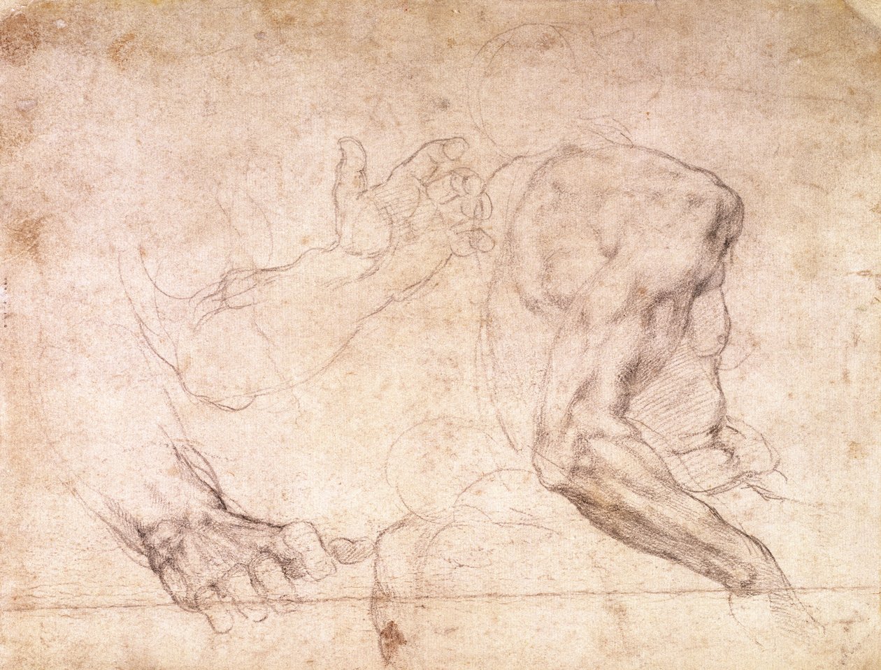 Studier af hænder og en arm (sort kridt på papir) (verso) af Michelangelo Buonarroti