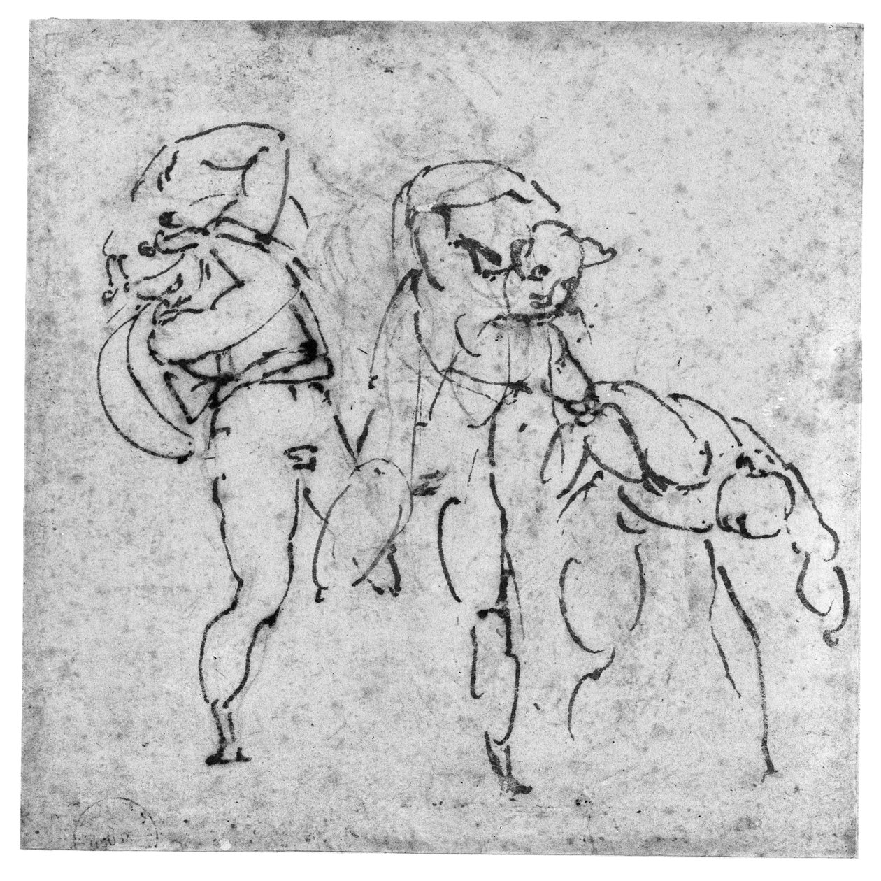 Study of Three Figures, c.1517-20 (pen og brunt blæk over blypunkt på råhvidt papir) af Michelangelo Buonarroti