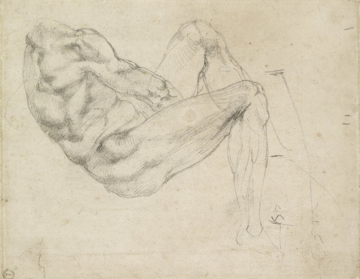Studie af en liggende mandsfigur, recto (sort kridt på råhvidt papir) af Michelangelo Buonarroti