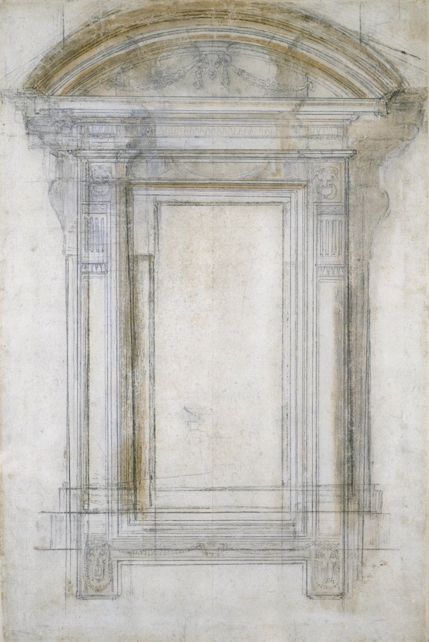 Studie af et vindue med halvcirkelformet gavl, ca. 1546 (sort kridt og vask på papir) af Michelangelo Buonarroti