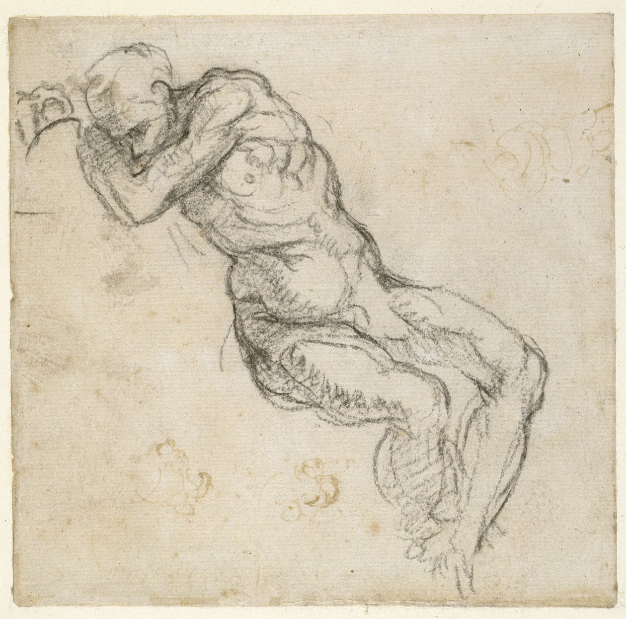Studie af en mandlig nøgen, ca. 1511 (pen og sort kridt på papir) af Michelangelo Buonarroti