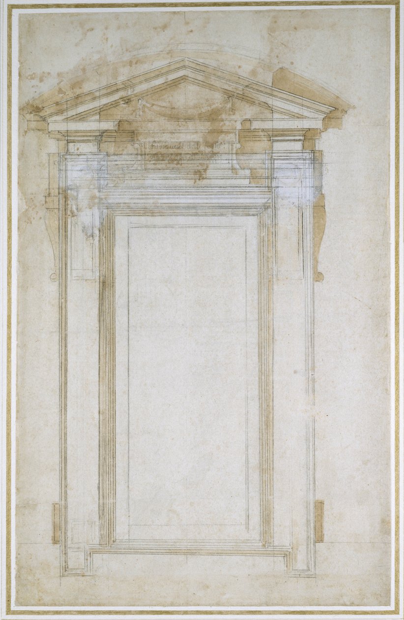 Studie af et vindue med trekantet gavl, ca.1546 (sort kridt, vask, pen og blæk på papir) af Michelangelo Buonarroti