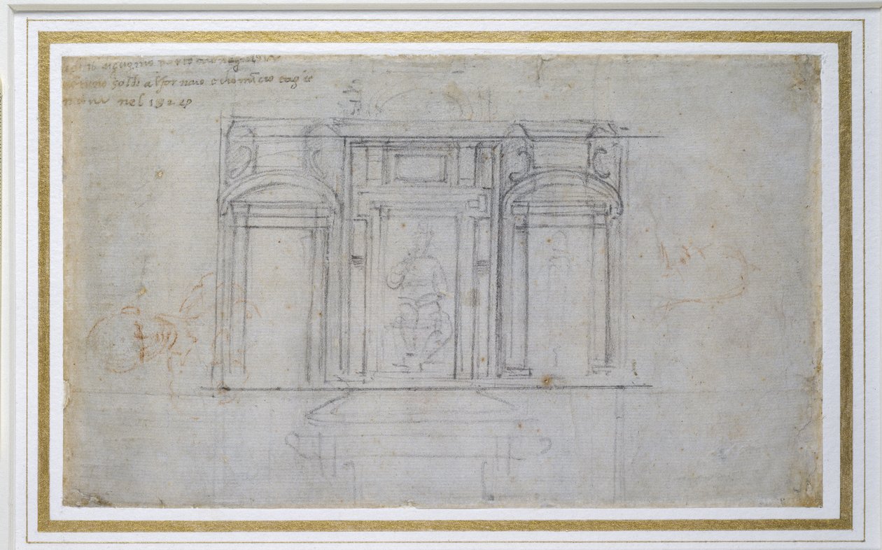 Studie af Medici-gravens øverste niveau, 15201 (sort og rødt kridt på papir) af Michelangelo Buonarroti