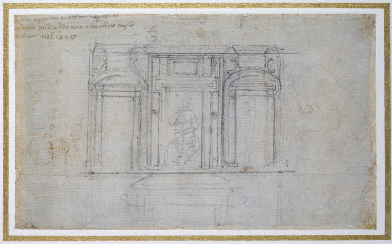 Studie af Medici-gravens øverste niveau, ca. 1520 (sort og rødt kridt på papir) af Michelangelo Buonarroti