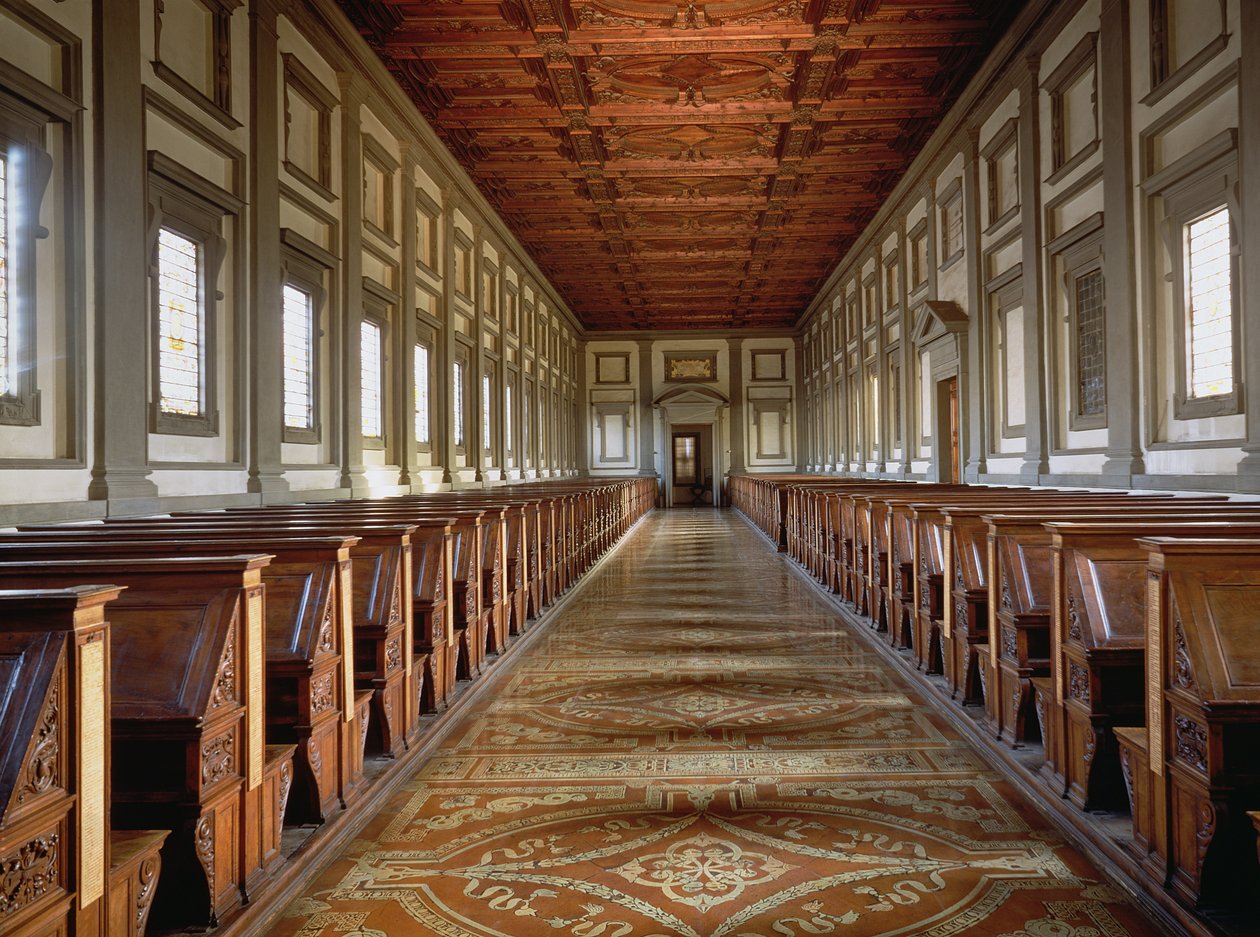 Læsesalen i Laurentian Library, tegnet af Michelangelo Buonarroti (1475-1564), 1534 af Michelangelo Buonarroti
