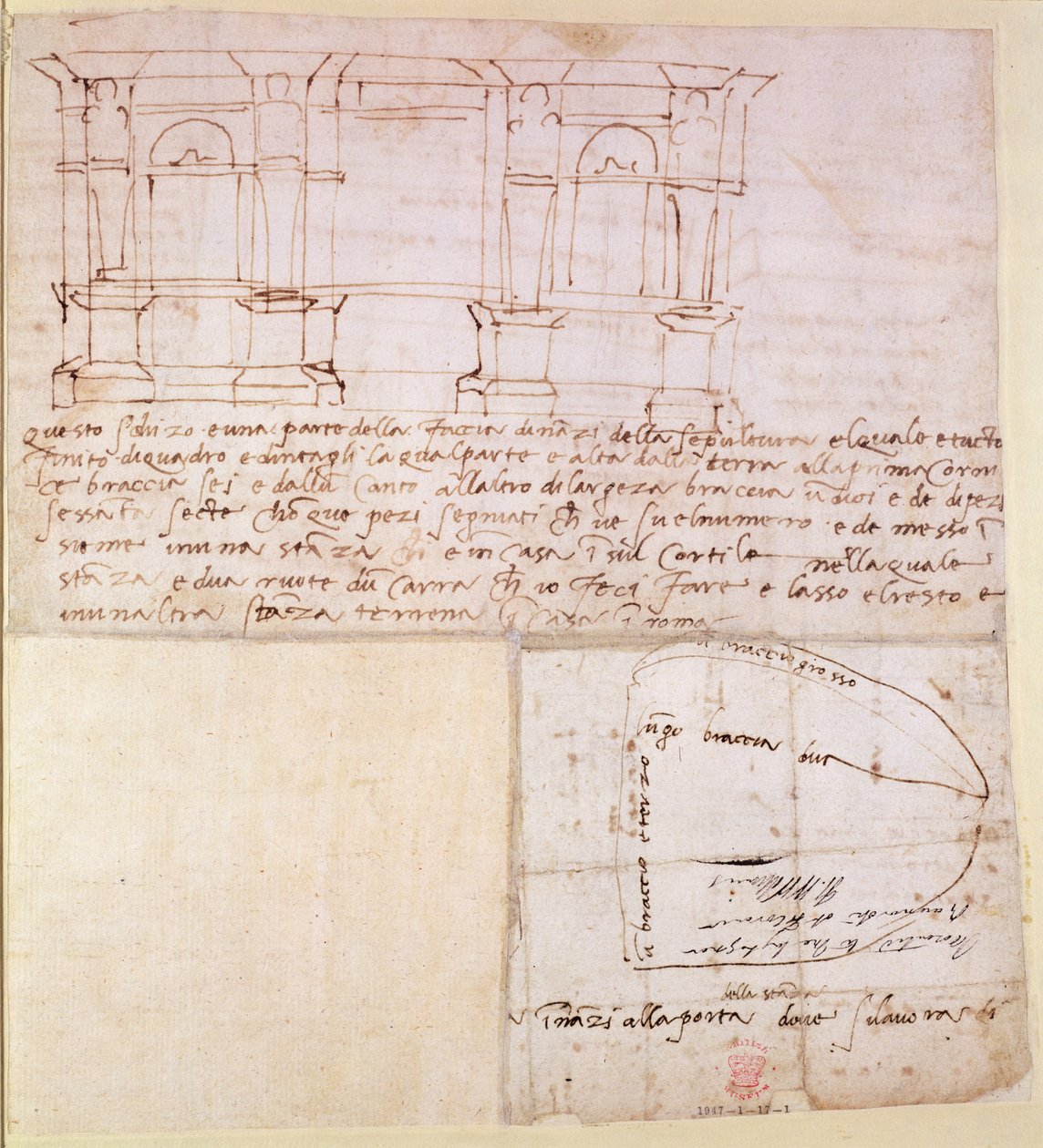W.23r Arkitektonisk skitse med noter (pen og blæk) af Michelangelo Buonarroti