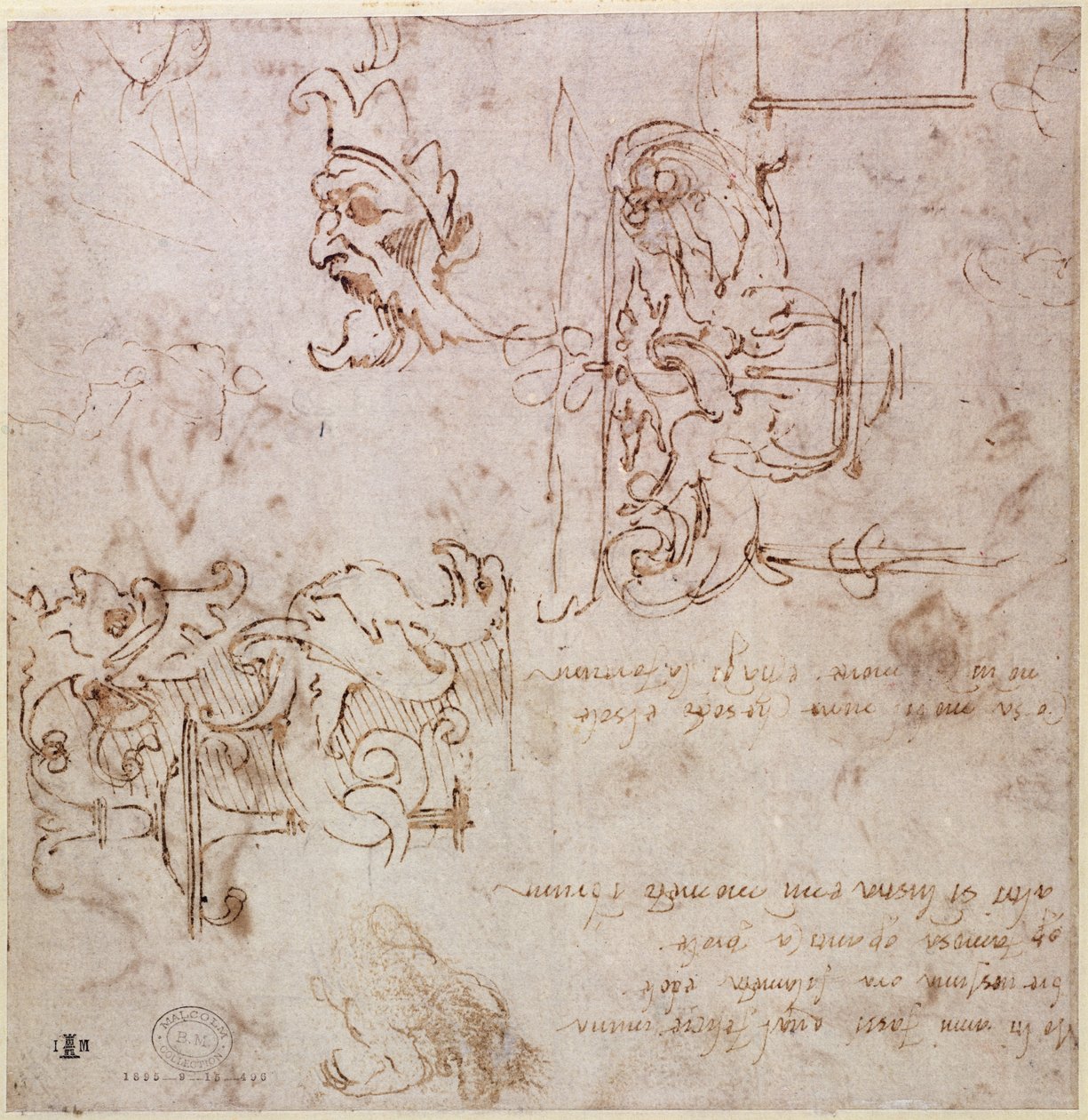 W.3v Groft skitserede designs til møbler og dekorationer (pen og blæk) af Michelangelo Buonarroti