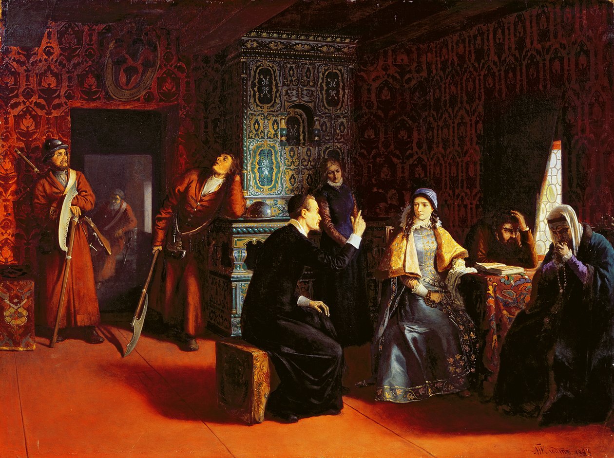 Marina Mniszech under arrest med en præst, 1883 af Mikhail Konstantinovich Klodt