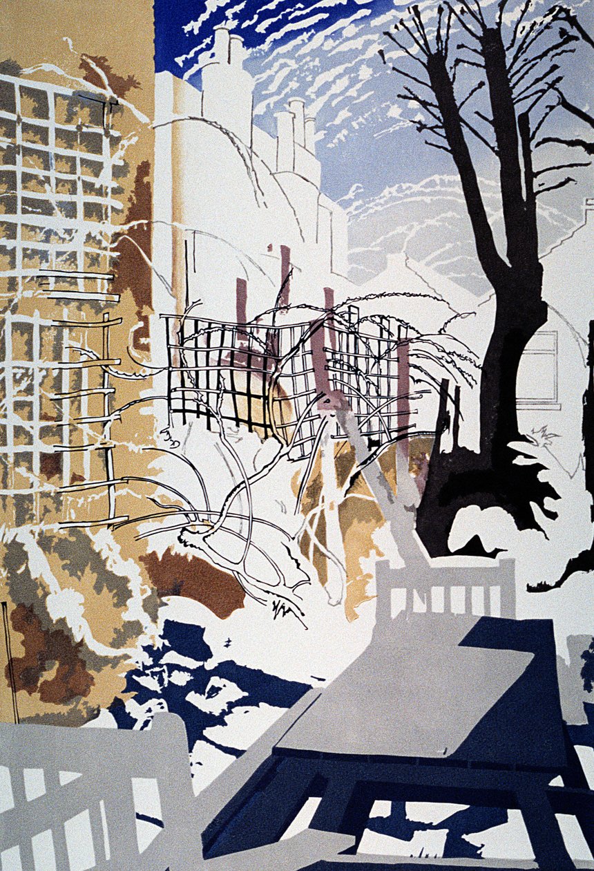 Stark Winter Back-Garden, 1993 (farve linosnit) af Miles Contemporary Artist Thistlethwaite