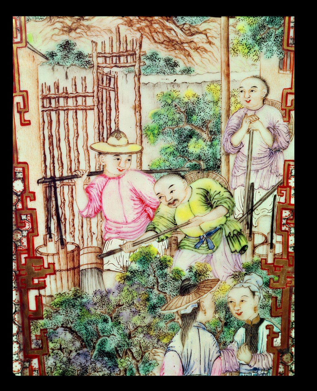 Detalje af en vase med mænd, der vander teplanter af Ming Dynasty Chinese School