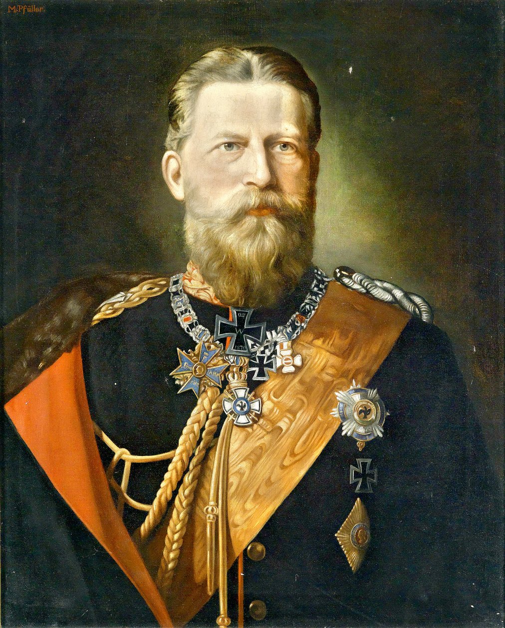 Kejser Friedrich III., Konge af Preussen; Portræt i feltmarskals uniform med medaljer af Minna Pfüller