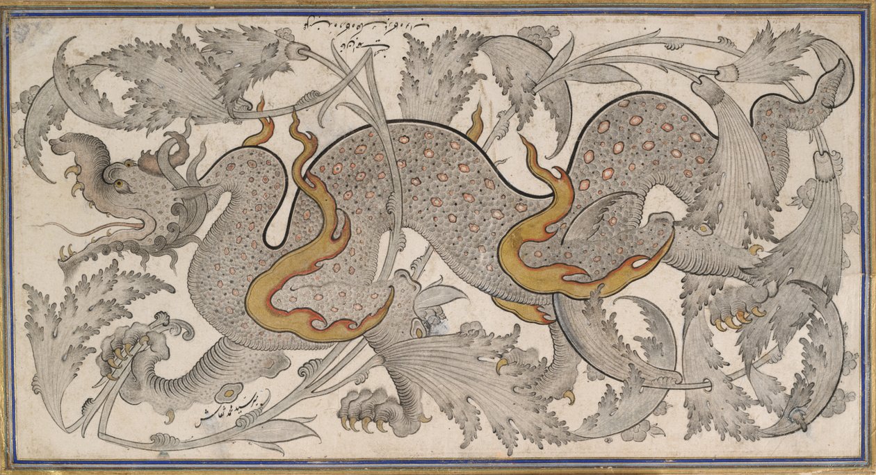 Drage i Løv (tegning, recto); kalligrafi, (verso) af Mir Sayyid Muhammad Naqqash