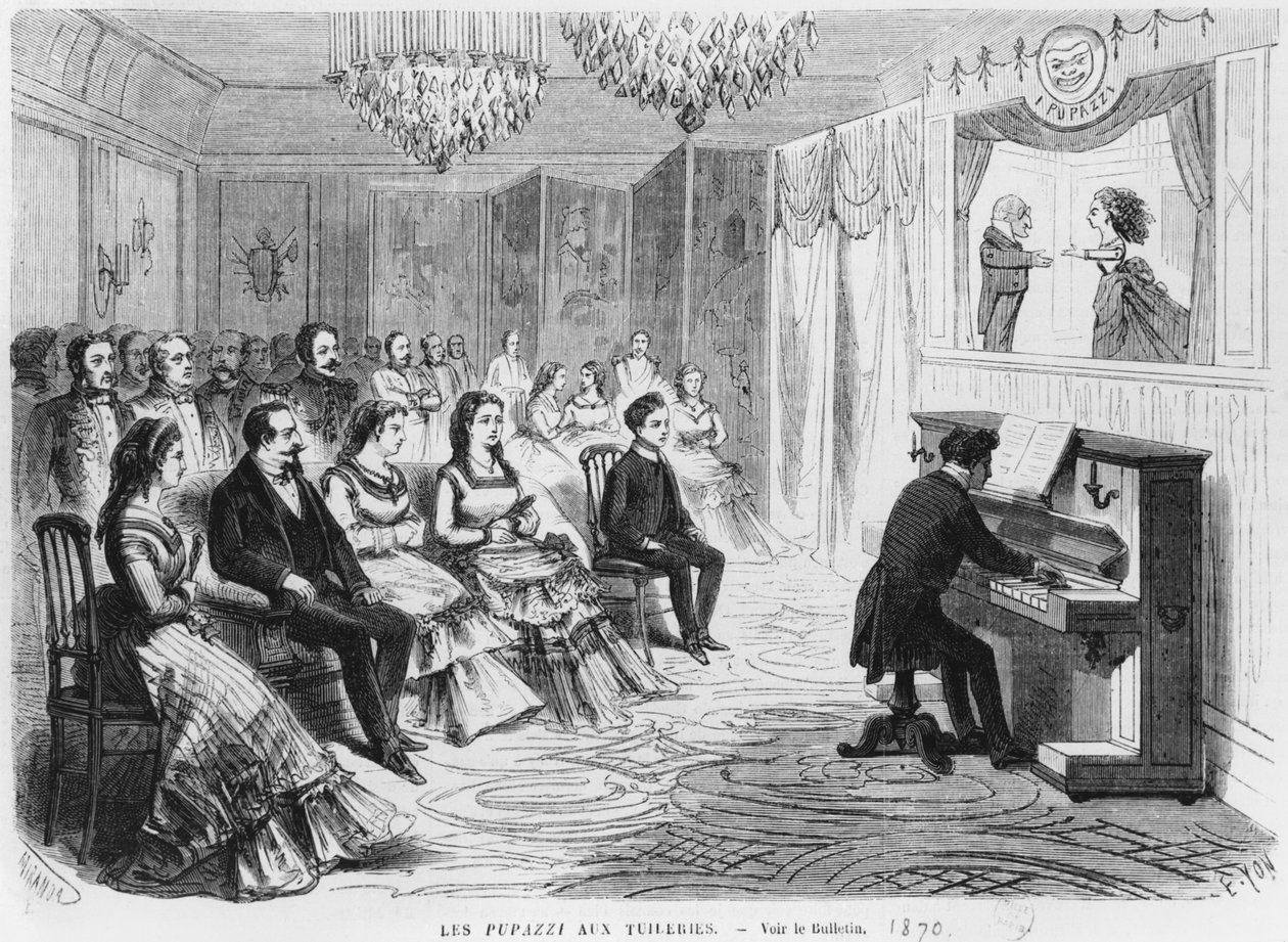 Dukketeateret I Pupazzi, der optræder foran kejser Napoleon III (1808-73), kejserinde Eugenie (1826-1920) og prins Eugene Louis Napoleon Bonaparte (1856-79) i Tuilerierne, graveret af Edmond Yo af Miranda