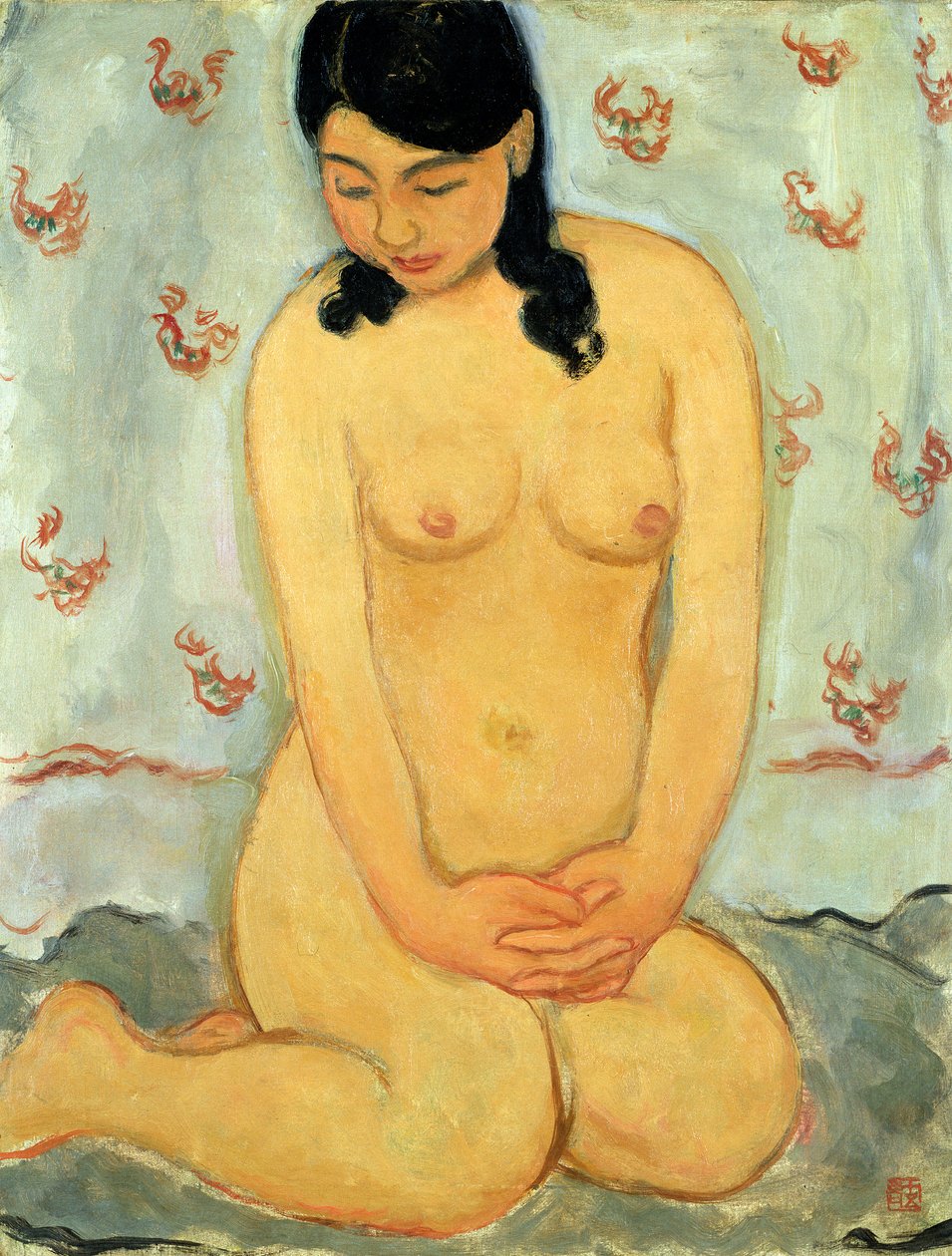 Siddende nøgen (olie på lærred) af Mitsutani Kunishiro