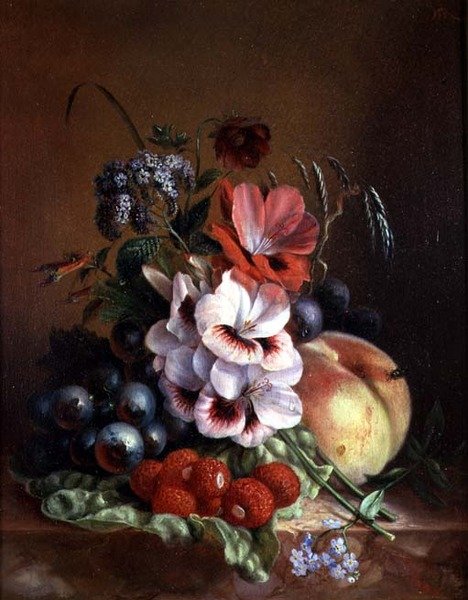Stilleben med frugt og blomster af Mme. A. van Ravensway