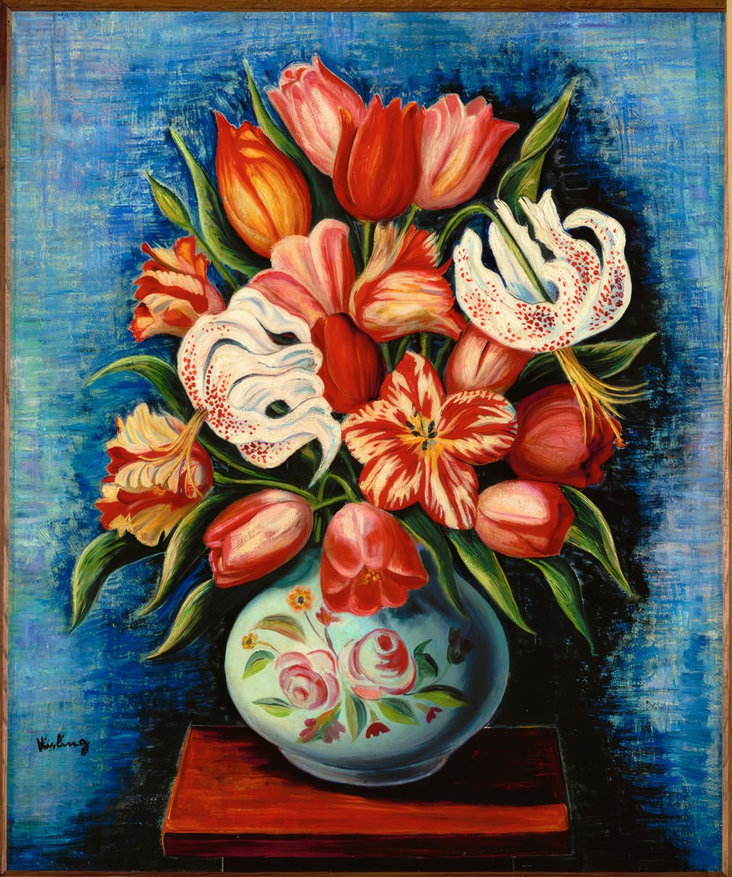 Blomsterbuket med tulipaner og liljer af Moise Kisling