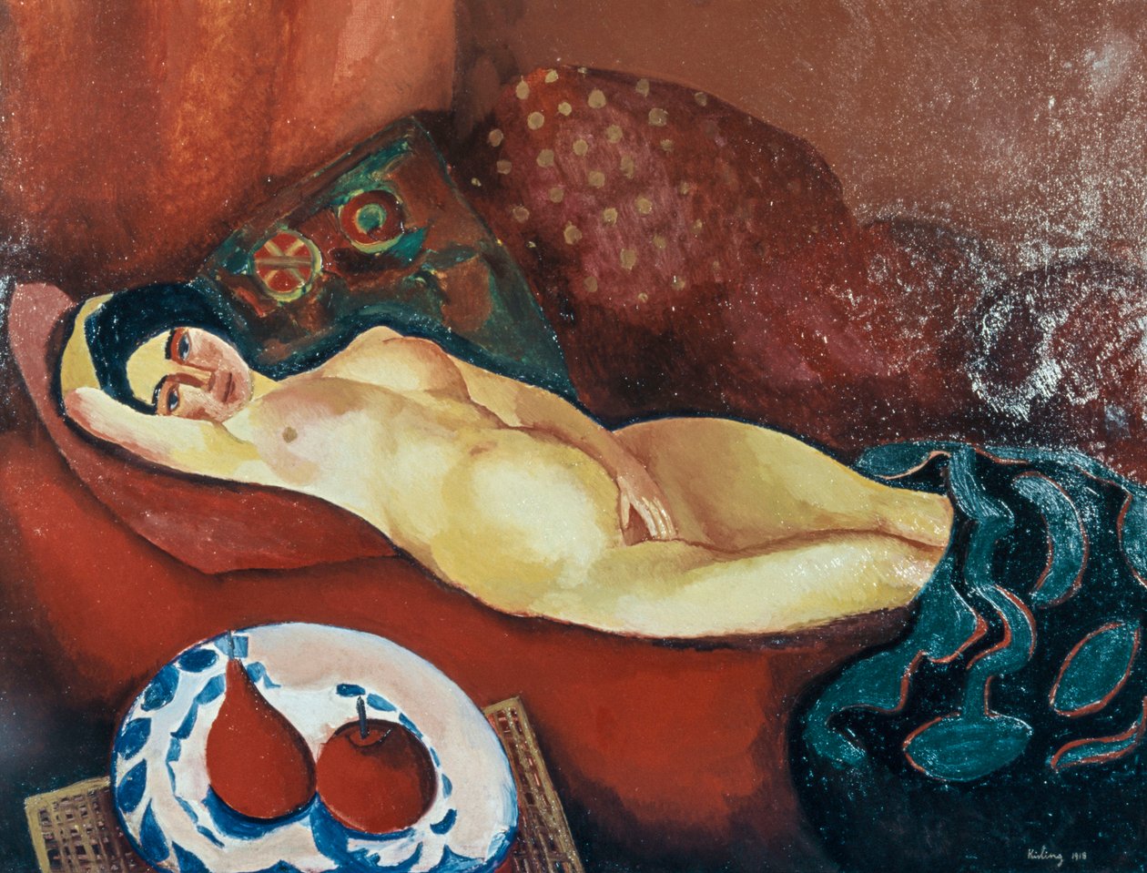 Nøgen på rød sofa (olie på lærred) af Moise Kisling