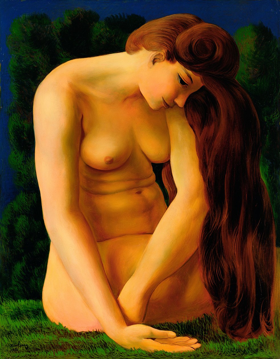 Nøgen siddende på græsset af Moise Kisling