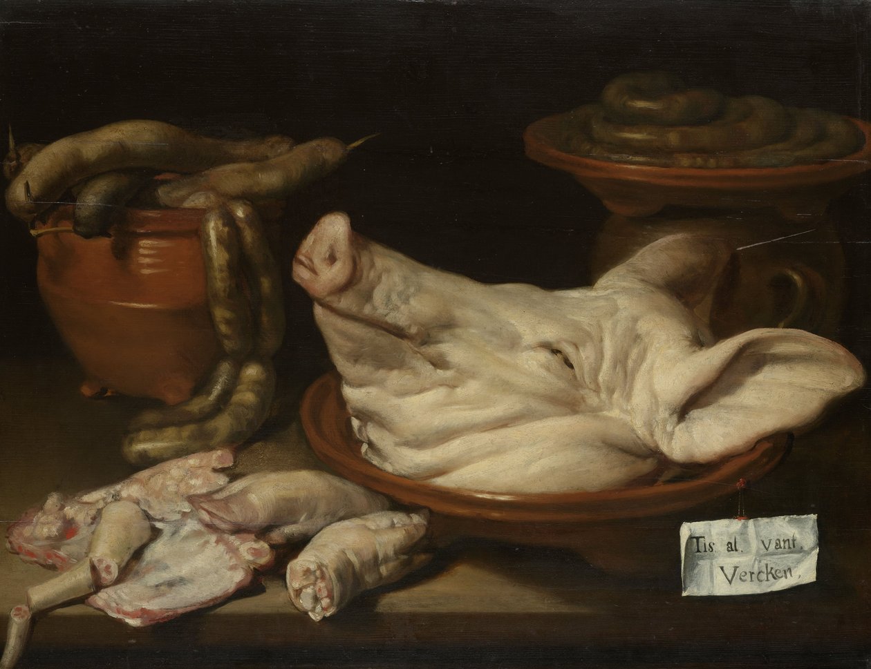 Stilleben med grisehoved, griseknoer og pølse, ca. 1650 af Monogrammist JVR