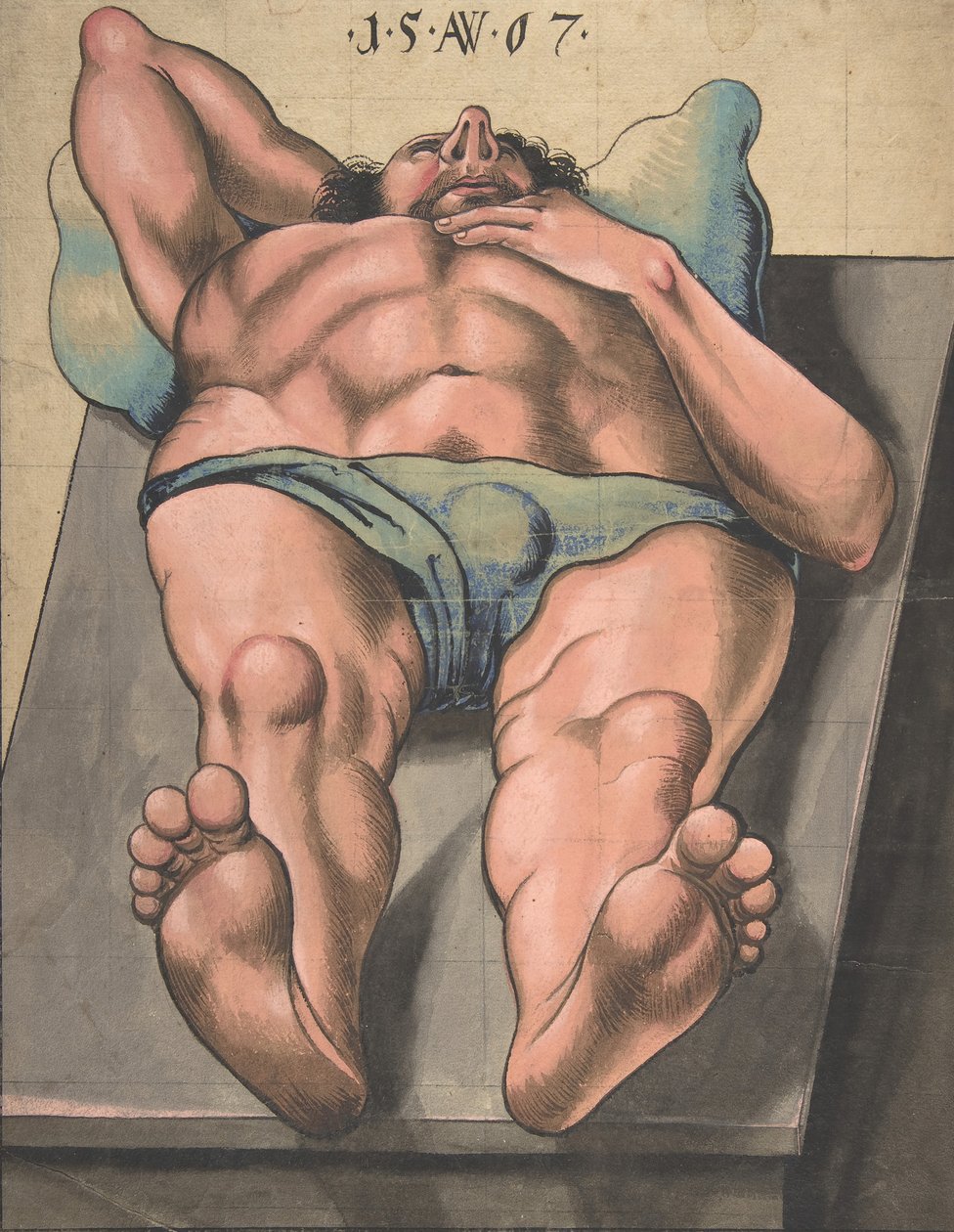 Mand nøgen liggende på et bord, 1567. af Monogrammist AW
