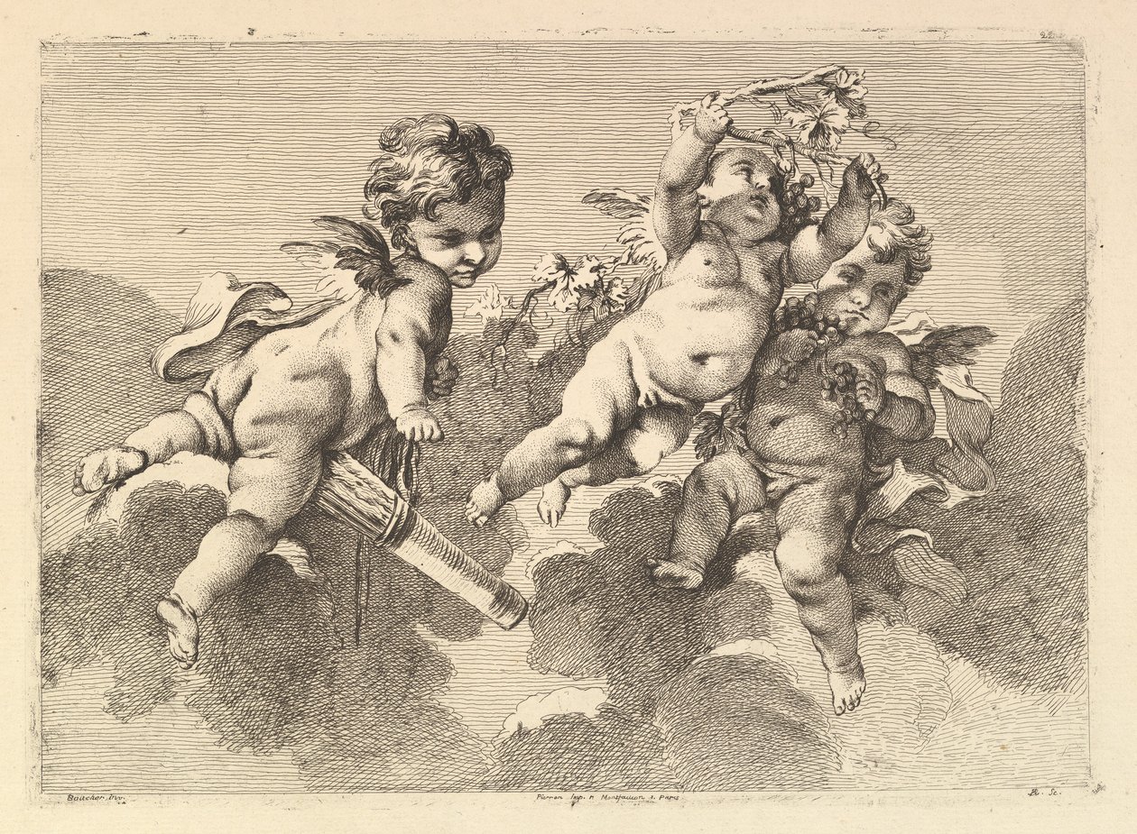 Tre børn i skyer, 1700-tallet. af Monogrammist DA
