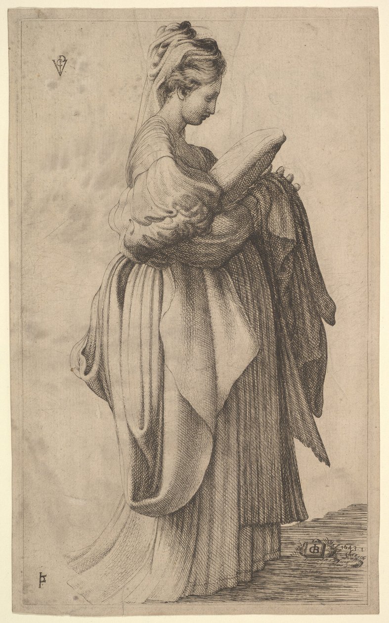 Kvindefigur, der holder en pude, 1643. af Monogrammist VCP