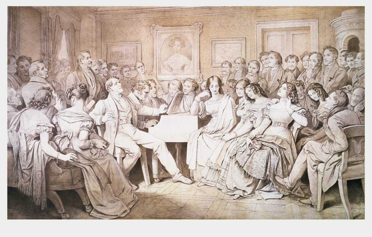 En aften hos Baron von Spaun: Schubert ved klaveret blandt sine venner, herunder operabarytonen Johann Vogl (1768-1840) af Moritz Ludwig von Schwind