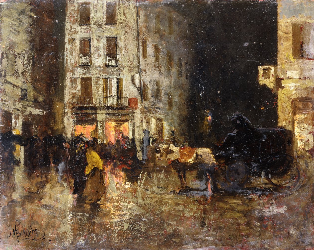 En gadescene om natten, af Mose Bianchi