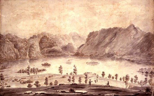 Panoramaudsigt over Derwentwater og Vale of Keswick, detalje af den vestlige side af Derwent Water, ca. 1772 af Moses Griffith