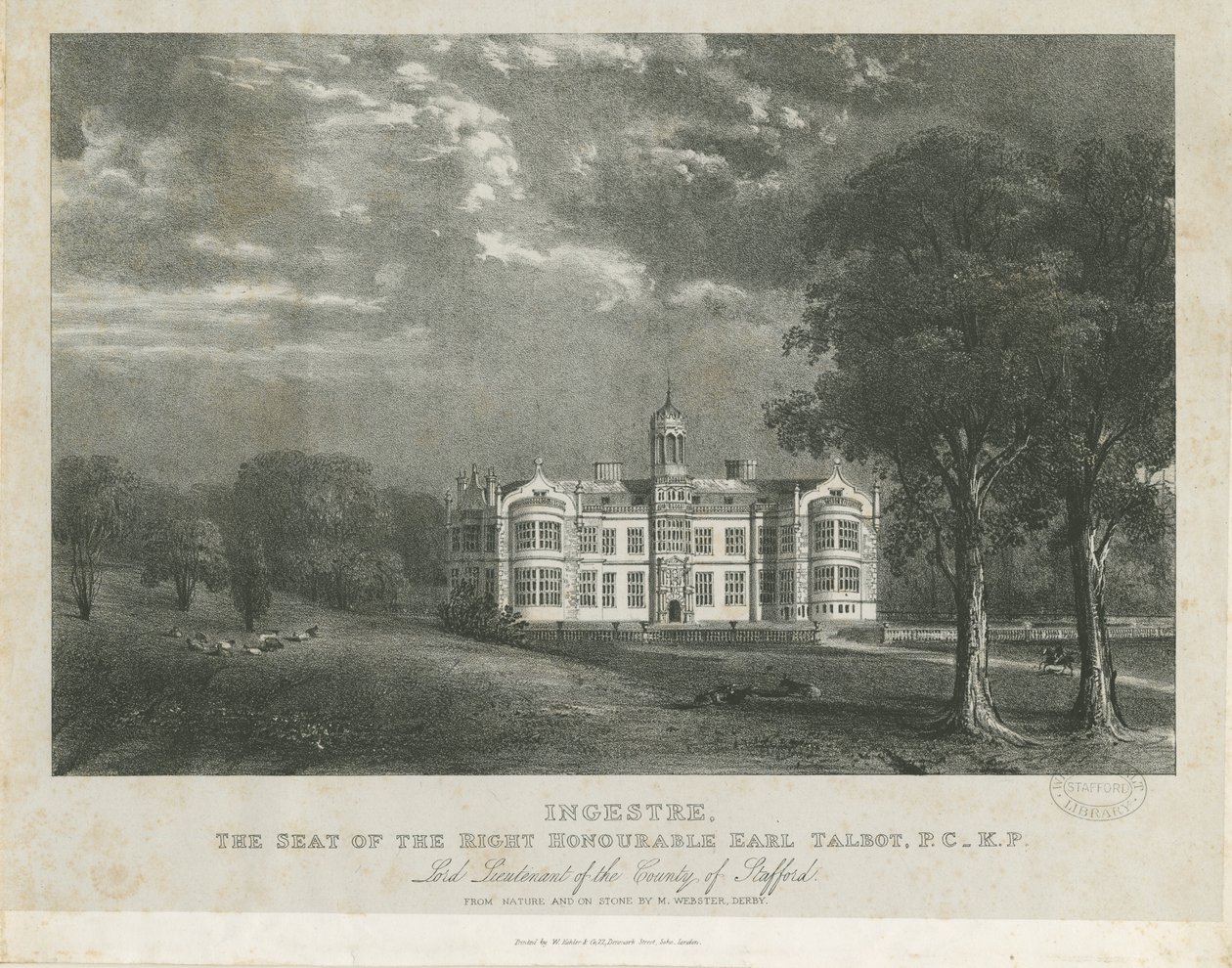 Ingestre Hall: litografi, nd [c 1840] af Moses Webster