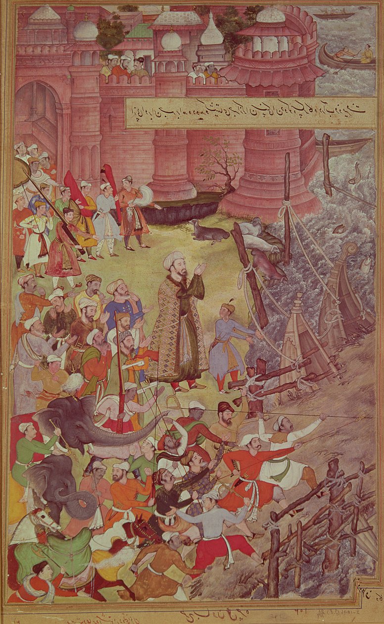 En bro af både knækket af Akbar (r.1556-1605) på sin elefant, mens han krydsede floden Jumna, fra Akbarnama, ca. 1590, højre side af en dobbeltside (se 99482) af Mughal School