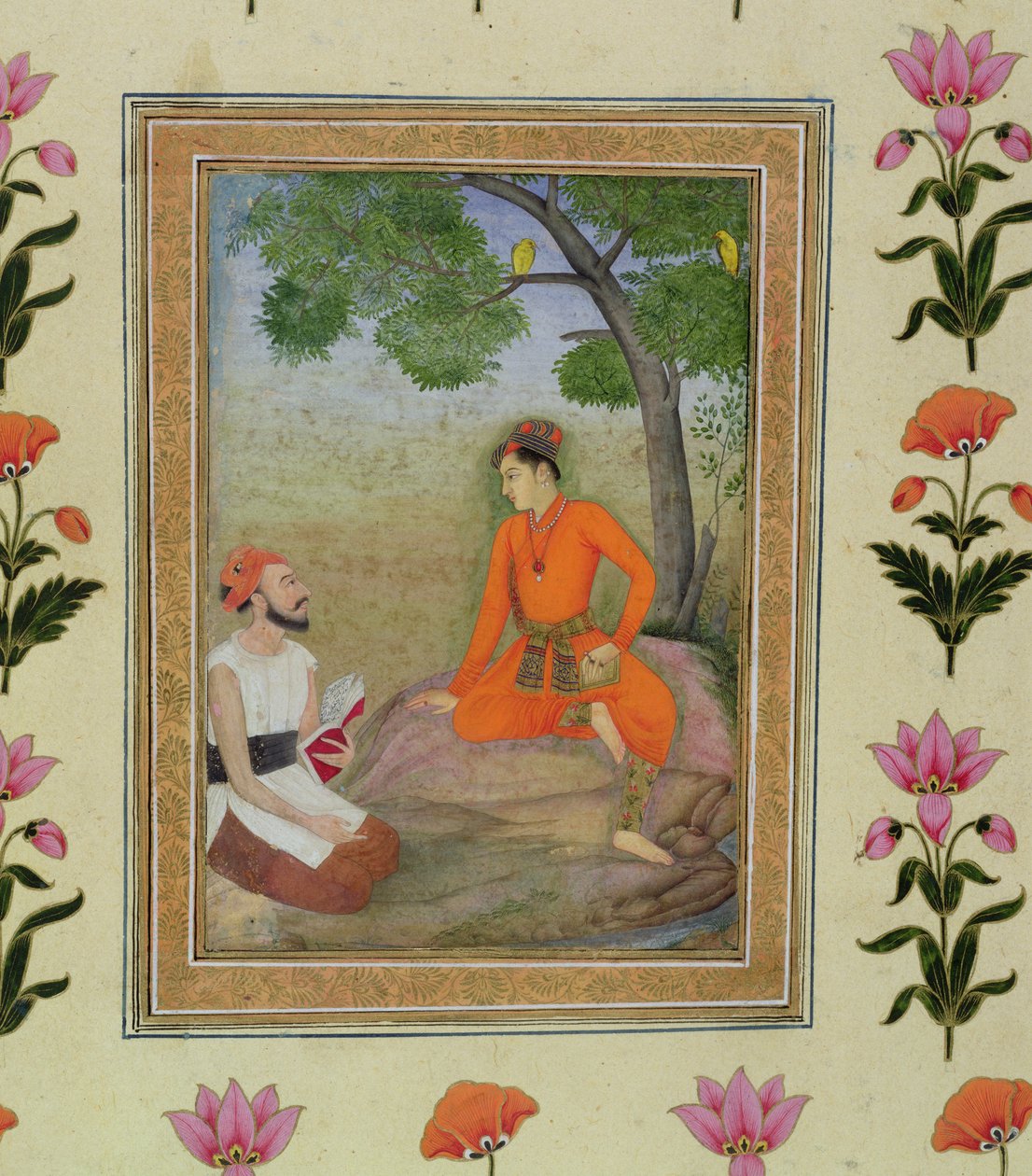 En prins i diskussion med en religiøs mand, der holder en bog, fra Small Clive Album af Mughal School