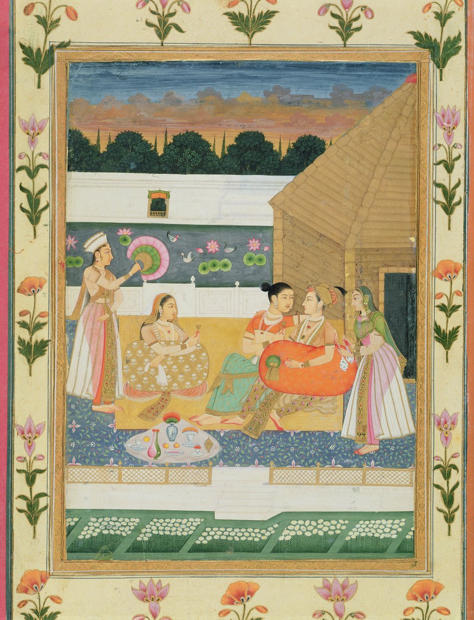 Par på en terrasse ved solnedgang, fra Small Clive Album (uigennemsigtigt wc på papir) af Mughal School
