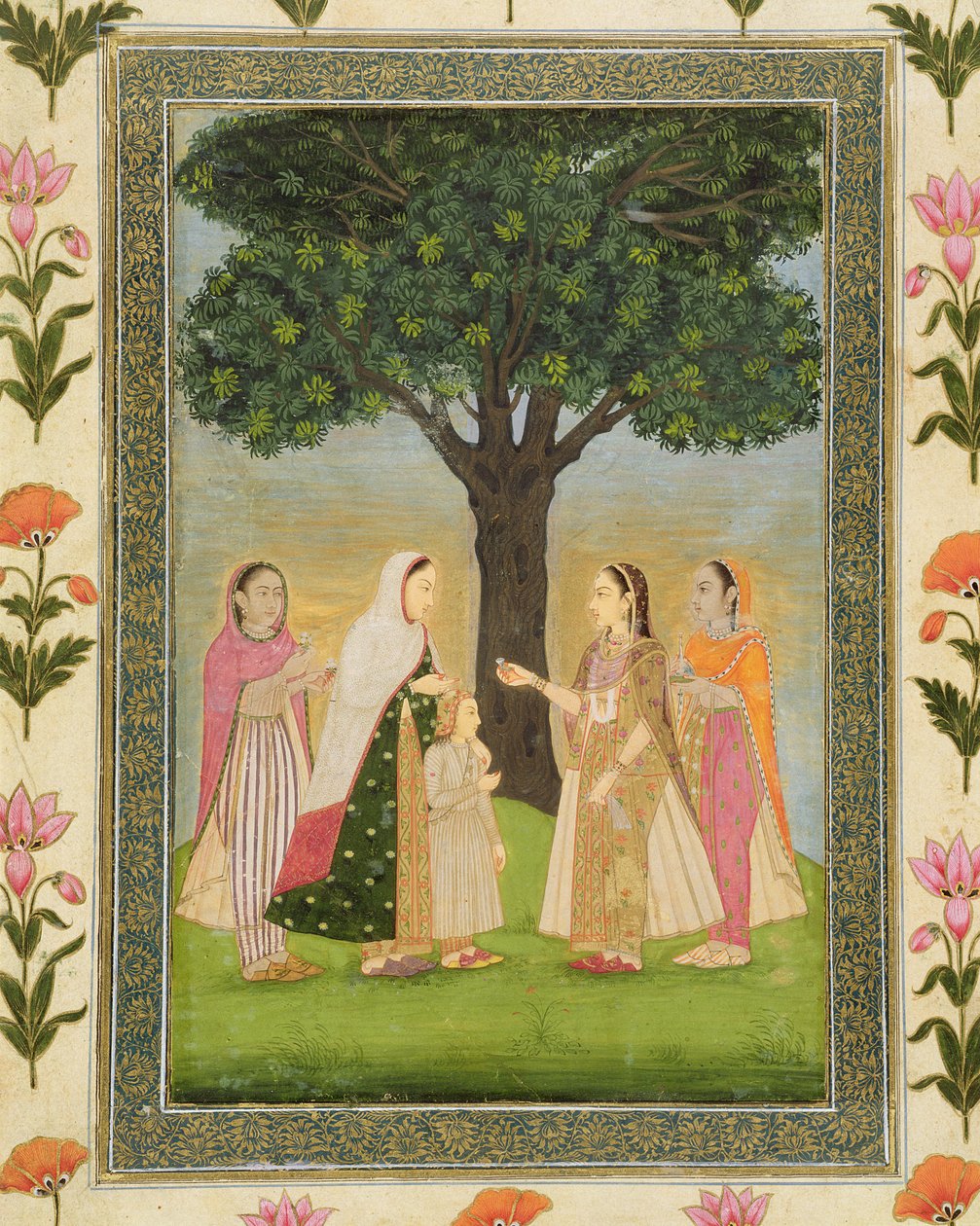 Fire damer mødes ved et træ, fra Small Clive Album (ugennemsigtigt wc på papir) af Mughal School