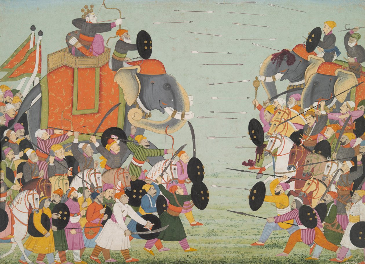 Illustration fra en Bhagavata Purana-serie, bog 10, Battle Between Balarama og Jarasandha, 1760-65 (wc og guld på papir) af Mughal School