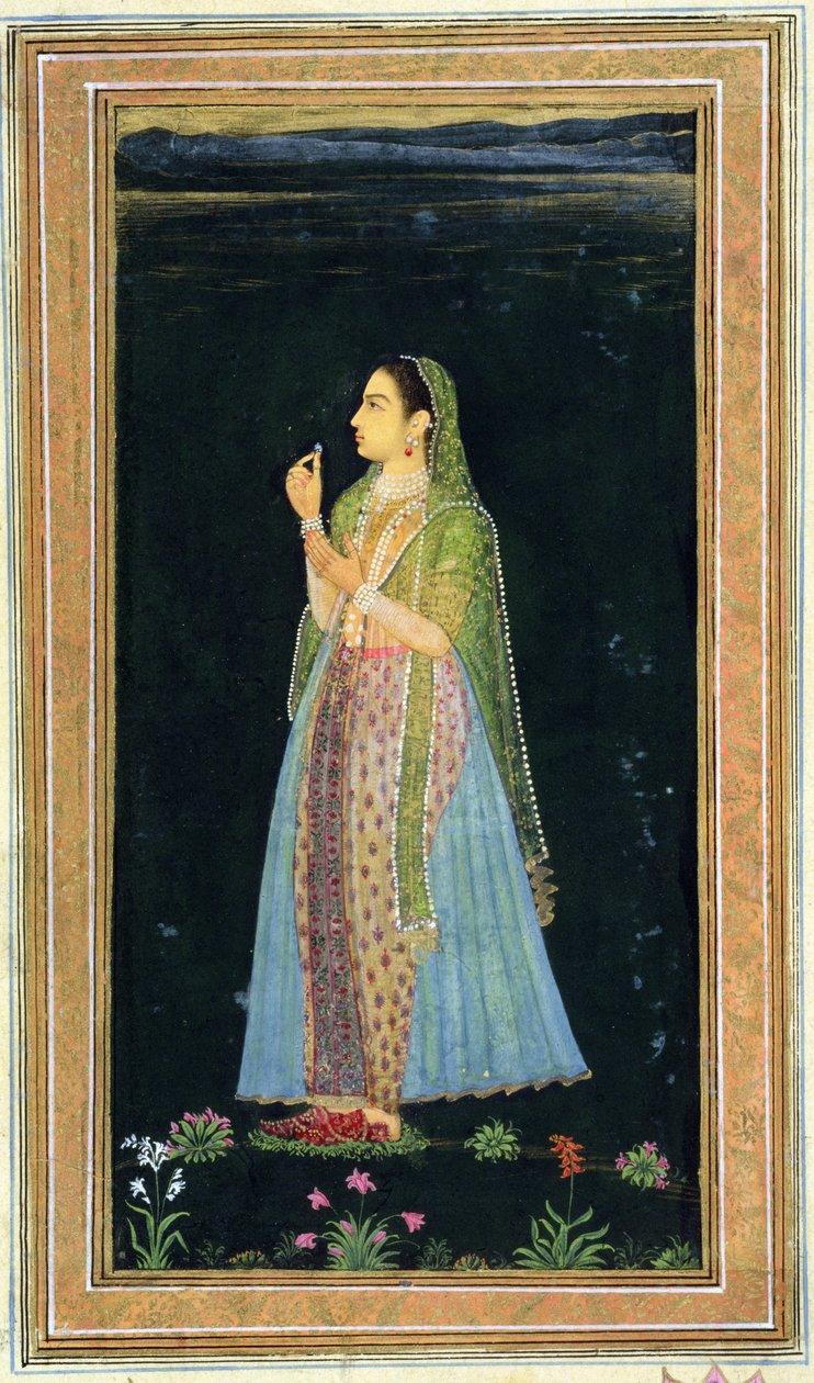 Dame med en blomst i hånden, fra Small Clive Album (uigennemsigtigt wc på papir) af Mughal School