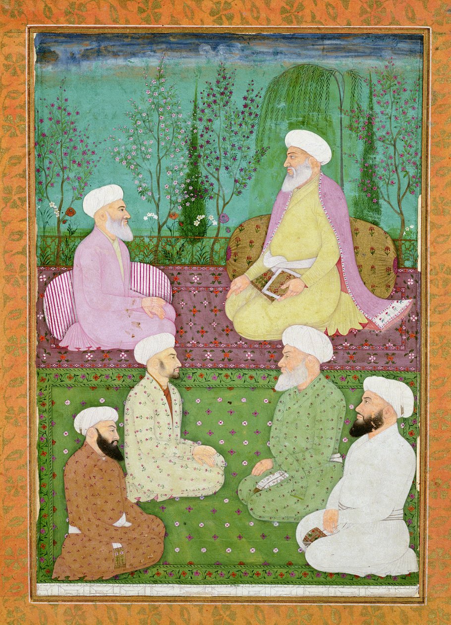 Seks muslimske hellige mænd siddende på en haveterrasse fra Large Clive Album af Mughal School