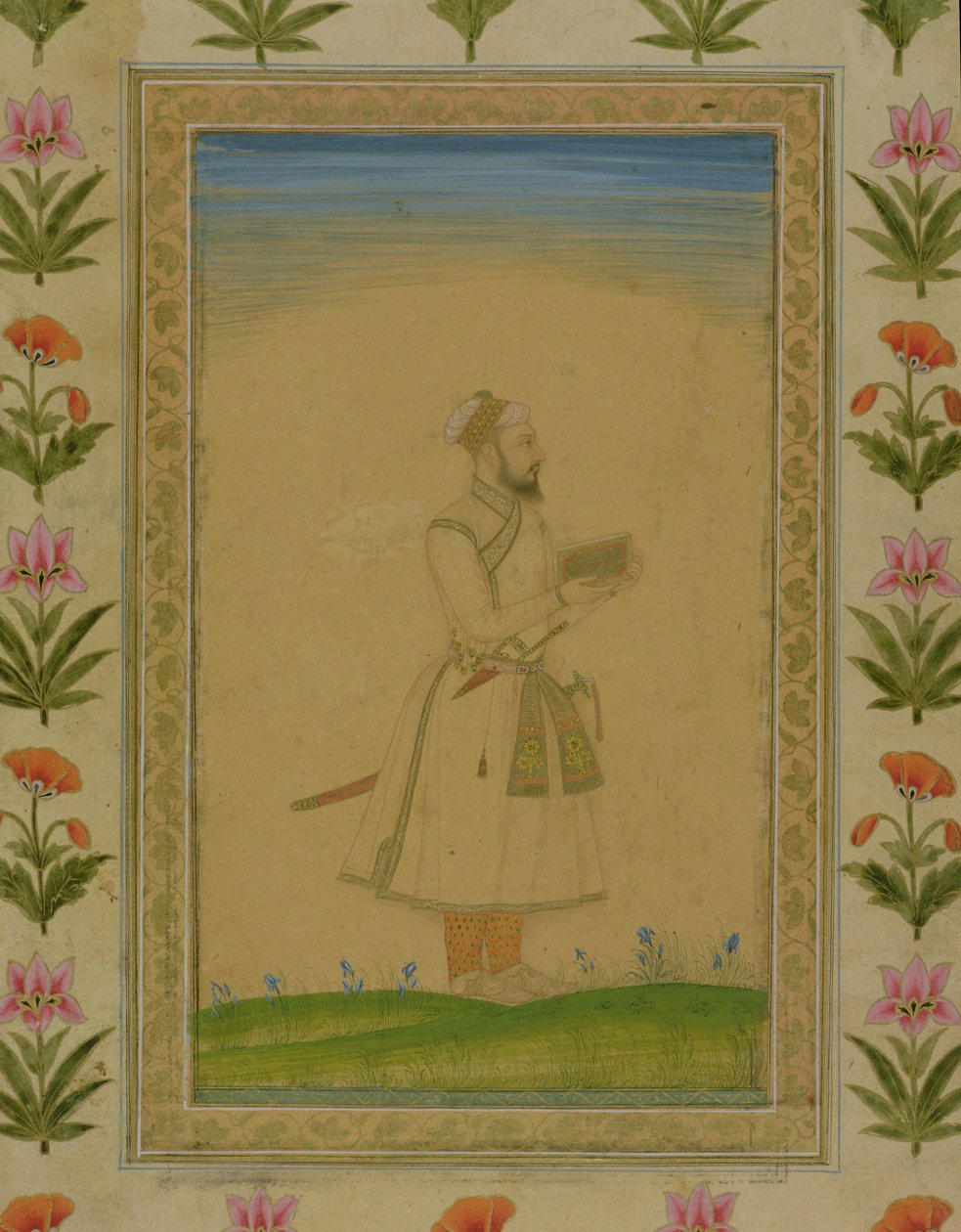 Stående figur af en adelsmand, der holder en bog, fra Small Clive Album (ugennemsigtigt wc på papir) af Mughal School