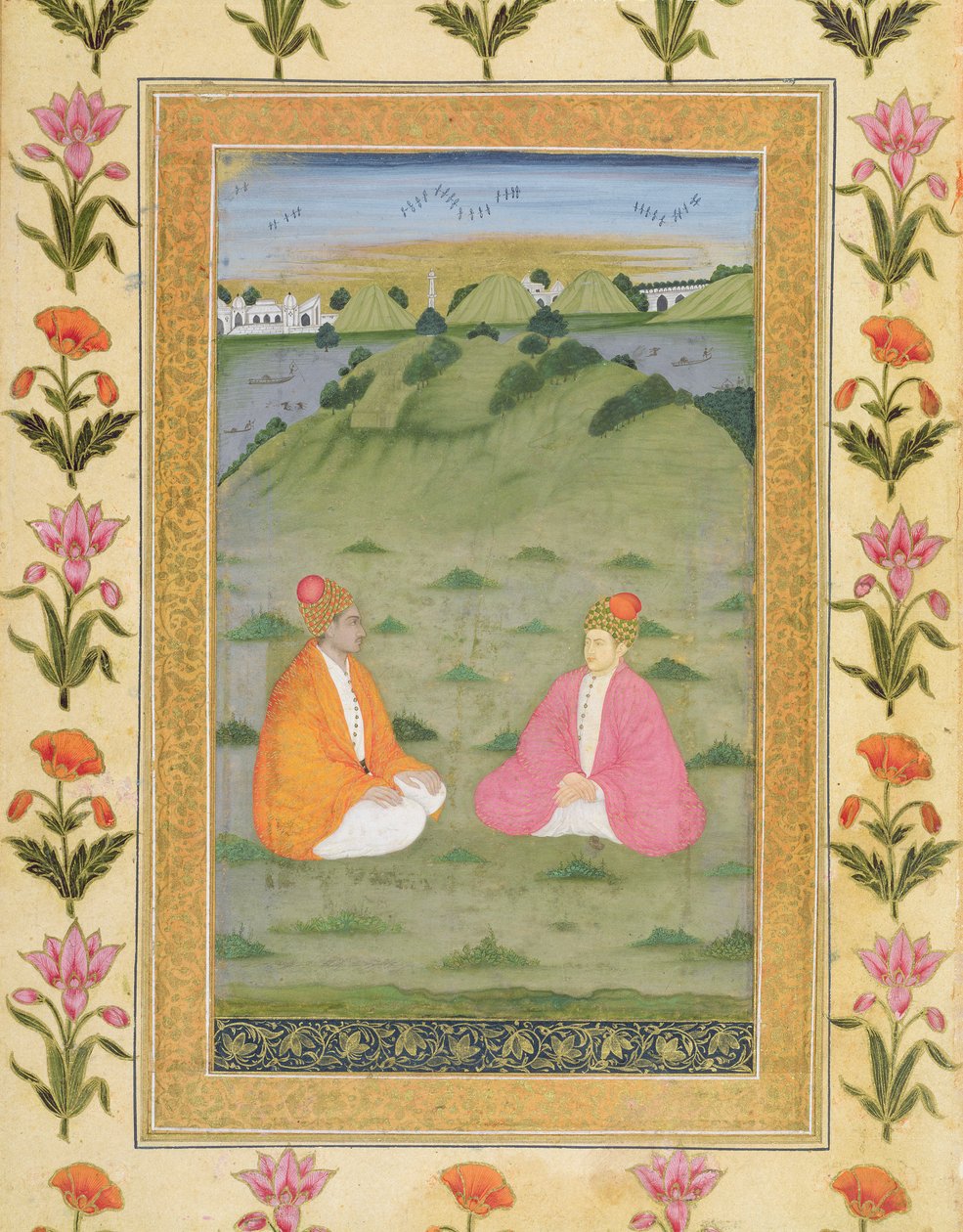 To adelige siddende i et landskab, fra Small Clive Album (ugennemsigtigt wc på papir) af Mughal School