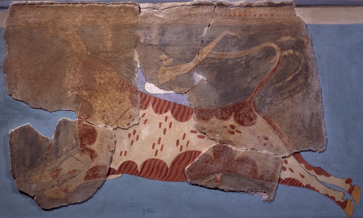 Tyrefægtningsscene, fresko fra Tirinto-paladset, mykensk civilisation af Mycenaean